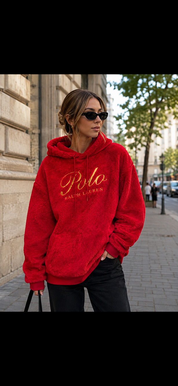 NWT Polo Ralph Lauren Sherpa Fleece Hoodie Red Gold Big Script Logo Unisex Large